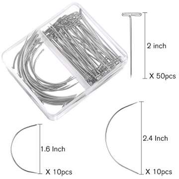 70 Pieces Wig Making Pins Needles Set, Wig T Pins and C Curved Needles Hair Weave Needles for Wig Making, Blocking Knitting, Modelling and Crafts