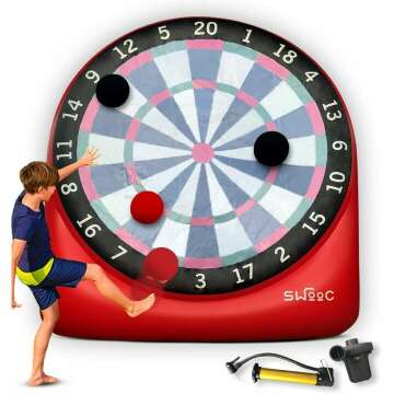 SWOOC Games - Giant Kick Darts (Over 6ft Tall) with Over 15 Games Included - Giant Inflatable Outdoor Dartboard with Soccer Balls, Air Pump & Score Card - Jumbo Foot Darts Game with Big Target
