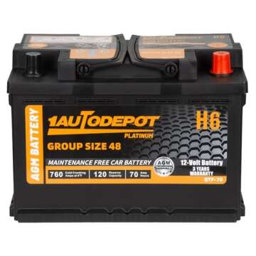 1AUTODEPOT BCI Group 48 Car Battery, 12V 70Ah Size H6 Automotive Battery Premium Maintenance Free AGM Batteries, 760CCA, 120RC, 36 Months Warranty