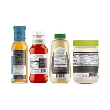 PRIMAL KITCHEN CONDIMENTS VARIETY PACK: Organic Unsweetened Ketchup 11.3 Oz, Avocado Oil Mayonnaise 12 Oz, Organic Spicy Brown Mustard 12 Oz & Organic Golden BBQ Sauce 8 Oz. INCLUDES MEASURING SPOON