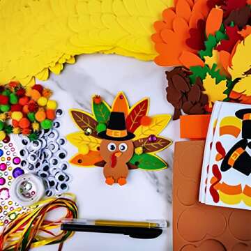 Winlyn 24 Sets Thanksgiving Turkey Ornaments Decorations Art Sets DIY Thanksgiving Craft Kits Fall Crafts Autumn Leaf Pumpkin Turkey Foam Stickers Arts and Crafts for Kids Party Classroom Activities