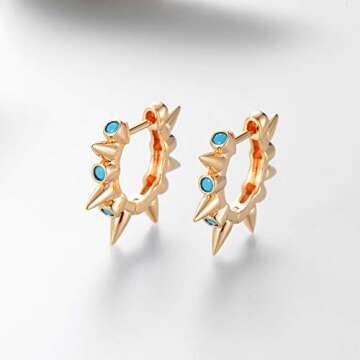 GUEMER Gold Spike Huggie Hoop Earrings 14k Gold Plated Dainty Turquoise CZ Cone Thorn Spiked Cute Trendy Small Sleeper Huggy Tiny Delicate Drop Dangle Spike Earrings Women Men…