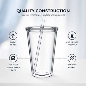 Maars Classic Insulated Tumblers 16 oz | Double Wall, Reusable Plastic Acrylic - Clear | Perfect for Parties, Birthdays, Customization - 4 Pack