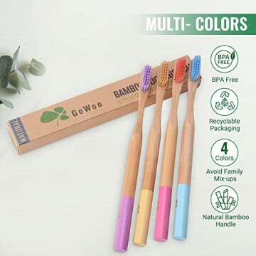 GoWoo 100% Natural Bamboo Toothbrush Soft - Organic Eco Friendly Toothbrushes with Soft Nylon Bristles, BPA-Free, Biodegradable, Dental Care Set (Pack of 4, Adult, Rainbow)