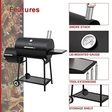 Royal Gourmet CC1830M 30-Inch Barrel Charcoal Grill with Offset Smoker & Warming Rack, Outdoor BBQ Grill with 811 Sq. In. Cooking Space for Backyard, Patio and Parties, Black