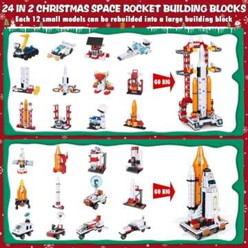 Kids Advent Calendar 2024 for Boys, 24 Days Christmas STEM Space Building Blocks Countdown Calendar Gifts Box with 12-in-1 Rocket Spaceship Shuttle Launcher Bricks Toy Set for Kids Teens Girls Age 6+