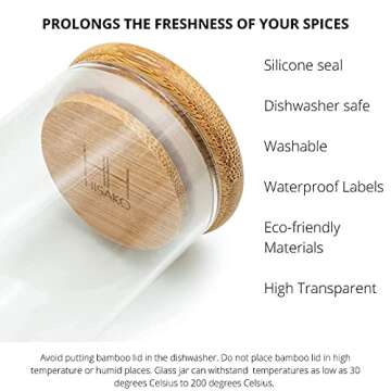 12 Piece- 5oz Eco-friendly Bamboo Lid Glass Spice Jar Set with 84-Minimalist Pre-Printed Waterproof Spice Labels, 16-Blank Labels– For Spices, Seasoning, Herb Storage and Kitchen Organization