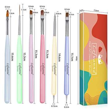 Nail Art Brushes Set Lofuanna 6Pcs Nail Tips Art Design Tools with Poly Extension Gel Brush, Nail Polish Brush, Carved Brush, Art Liner Brush and Dotting Pen, Acrylic Nail Brushes, Painting Drawing