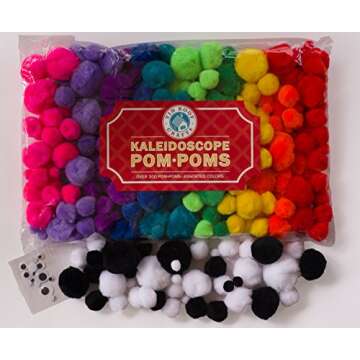 Tin Roof Crafts Deluxe Pom Poms in Hot Kaleidoscope Colors for Crafts and DIY Hobby Supplies, Large Bag, 324 Pompoms, 4 Different Sizes Bonus Googly Eye Package