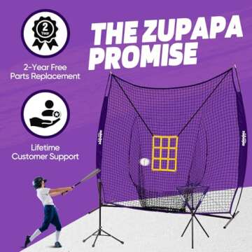 Zupapa 7x7 Feet Baseball Softball Hitting Pitching Net Tee Caddy Set with Strike Zone, Baseball Backstop Practice Net for Pitching Batting Catching for All Skill Levels (Purple)