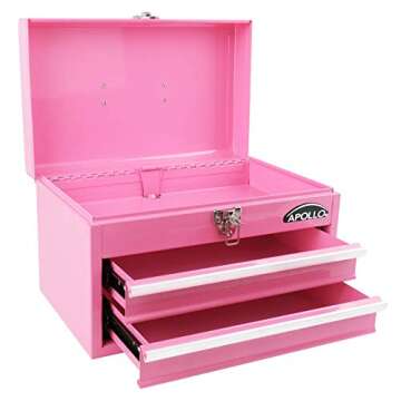 Apollo Tools 14 Inch Steel Tool Box with Deep Top Compartment and 2 Drawers in Heavy-Duty Steel With Ball Bearing Opening and Powder Coated Finish - Pink Ribbon - Pink - DT5010P