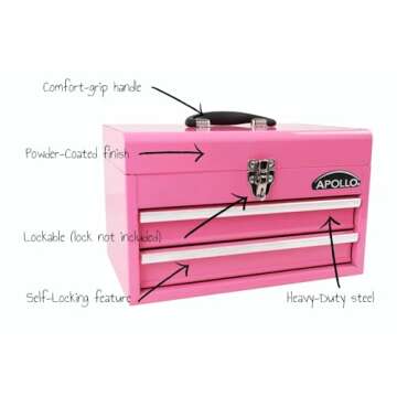 Apollo Tools 14 Inch Steel Tool Box with Deep Top Compartment and 2 Drawers in Heavy-Duty Steel With Ball Bearing Opening and Powder Coated Finish - Pink Ribbon - Pink - DT5010P