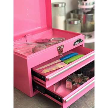 Apollo Tools 14 Inch Steel Tool Box with Deep Top Compartment and 2 Drawers in Heavy-Duty Steel With Ball Bearing Opening and Powder Coated Finish - Pink Ribbon - Pink - DT5010P