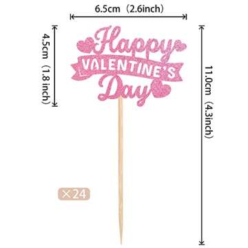 Rsstarxi 24 Pack Pink Happy Valentine's Day Cupcake Toppers Glitter Sweet Love Cupcake Picks Valentine's Day Cake Decorations for Happy Valentine's Day Wedding Bridal Shower Birthday Party Supplies