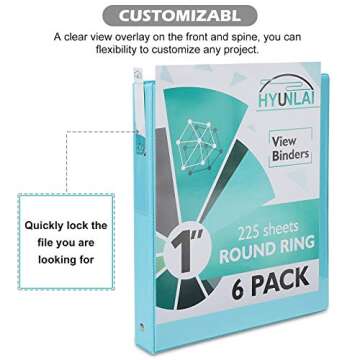 1 Inch 3 Ring Binder, HYUNLAI 1'' Round-Ring View Presentation View Binders, Holds Up to 8.5"11" Paper,Customizable Clear Cover,for Home,Office,and School Supply,6 Pack