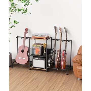 LIFXIZE Guitar Stand for Acoustic Multiple Guitars Holder with 3-tier Storage Shelf, Guitars Display Rack Guitar Amp Accessories with Soft-Padded Protect Multi Guitar Stand for Home Studio Music Room