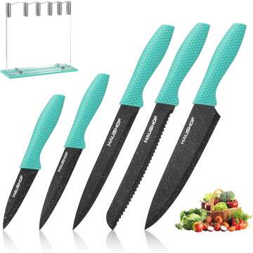 HAUSHOF Kitchen Knife Set, 5 PCS Knife Sets with Arcylic Block, Teflon Coated Green Knives Set for Kitchen, Premium Stainless Steel Knives Set with Ergonomic Handle, Great for Slicing, Dicing&Cutting