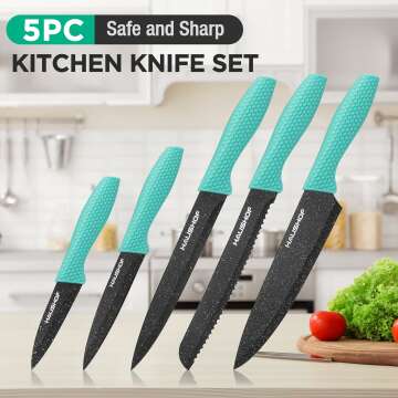 HAUSHOF Kitchen Knife Set, 5 PCS Knife Sets with Arcylic Block, Teflon Coated Green Knives Set for Kitchen, Premium Stainless Steel Knives Set with Ergonomic Handle, Great for Slicing, Dicing&Cutting