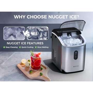 ecozy Nugget Ice Maker Countertop with Handle, 33 lbs Chewable Pellet Ice Daily, Self-Cleaning Ice Machine, Includes Ice Bags for Kitchen, Bar, Parties, Stainless Steel