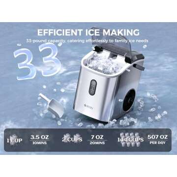 ecozy Nugget Ice Maker Countertop with Handle, 33 lbs Chewable Pellet Ice Daily, Self-Cleaning Ice Machine, Includes Ice Bags for Kitchen, Bar, Parties, Stainless Steel