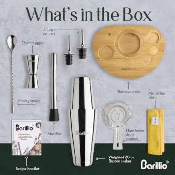 Barillio Elite Mixology Bartender Kit with Stand - Cocktail Shaker Set with Bamboo Stand, Boston Drink Shaker, Mojito Muddler, and Drink Mixer Spoon - 9-Piece Bar Tools Set - Bar Accessories for Home