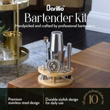 Barillio Elite Mixology Bartender Kit with Stand - Cocktail Shaker Set with Bamboo Stand, Boston Drink Shaker, Mojito Muddler, and Drink Mixer Spoon - 9-Piece Bar Tools Set - Bar Accessories for Home