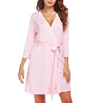 Ekouaer Women Postpartum Labor Robe Nursing Nightshirts Delivery Breastfeeding Sleepwear Short Robe 3/4 Sleeve 3 in 1 Kimono Lace Robe (Misty Rose,M)