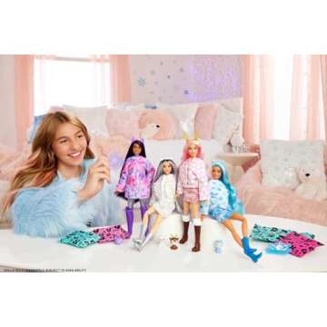 Barbie Cutie Reveal Doll, Snowflake Sparkle Polar Bear Plush Costume, 10 Surprises Including Mini Pet & Color Change