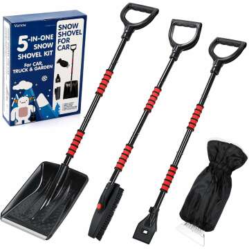 Snow Shovel Kit Removal Tools - 5 in 1 Foldable Car Snow Shovel + Snow Brush + Ice Scraper + Glove + Mini Ice Scraper, Portable Emergency Snow Remover Shovel Set for Car Truck Camping Outdoor