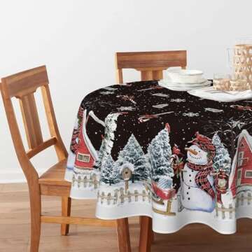 Horaldaily Christmas Tablecloth 48×48 Inch Round, Winter Snowman House Christmas Trees Black Washable Table Cover for Party Picnic Dinner Decor