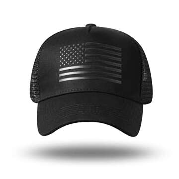 American Flag Trucker Hat - Snapback Hat, Baseball Cap for Men Women - Breathable Mesh Side, Adjustable Fit - for Casual Wear Black/Black