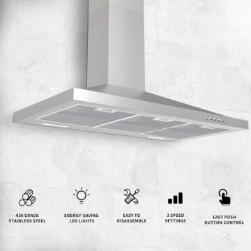 Tieasy Wall Mount Range Hood 36 inch with Ducted/Ductless Convertible Duct, Kitchen Hood Stainless Steel Chimney-Style Over Stove Vent Hood with LED Light, 3 Speed Exhaust Fan, 450 CFM