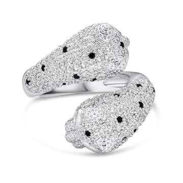 Bling Jewelry Red Eye Black White Cubic Zirconia CZ Fashion Leopard Panther Cat Statement Bypass Ring for Women Silver Plated Brass