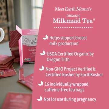 Earth Mama Organic Milkmaid® Tea | Lactation Support Herbal Tea Bags for Breastfeeding, Decaf Lactation Supplement for Increased Breast Milk Production, With Milk Thistle & Fenugreek (16 Count, 2-Pack)