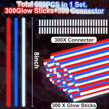 300 Pack 4th of July Glow Sticks Party Favors with Connectors, Patriotic Red White Blue Glow Stick Bracelets Nacklaces Glow in the Dark Party Accessories Fourth of July Independence Day Decorations