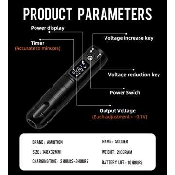 Ambition Soldier Rotary Battery Pen Tattoo Cartridge Machine with 2400mAh Wireless Power Japan Coreless Motor Digital LED Display Tattoo Equipment Supply for Professionals and Beginners Tattoo Artists