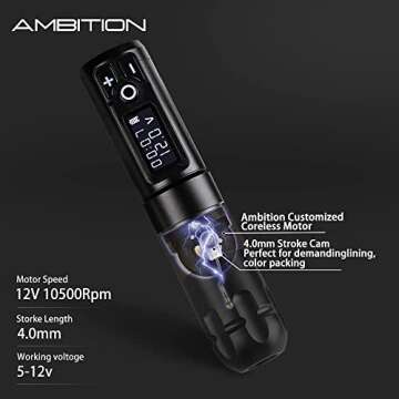 Ambition Soldier Rotary Battery Pen Tattoo Cartridge Machine with 2400mAh Wireless Power Japan Coreless Motor Digital LED Display Tattoo Equipment Supply for Professionals and Beginners Tattoo Artists