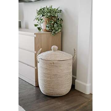 Jolie Market Paris Wicker Laundry Hamper - Bohemian Seagrass Laundry Hamper Basket- Storage Bin, Home Decor, Portable, 100% Eco-Friendly