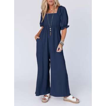 Dokotoo Womens Casual Loose Overalls One Piece Short Puff Sleeves Jumpsuits for Women Stretchy Wide Leg Long Pant Rompers Jumpsuit with Pockets Solid Color 2024 Fashion Small Navy Blue