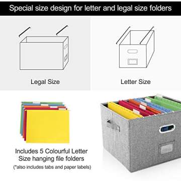 DECOSIS File Storage Box with 5 Hanging Folder for Office, Collapsible Linen Organization with Lid for Home, Document Storage Organizer with Handles for School, Grey