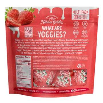 Nature's Garden Probiotic Strawberry Yoggies, 21oz (30 x 0.7oz), Yoggie Bites Strawberry Strawberry Yogurt Covered Snack Pack, High Fiber, Delicious Real Fruit Pieces, No Artificial Ingredients, Healthy Snack for Adults