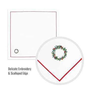 Hofdeco Premium Classic Christmas Holiday Cotton Cloth Napkins Set of 4, Washable Dinner Napkins for Christmas, Events, Parties, Embroidered Wreath Red Green, 20"x20"