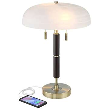 Possini Euro Design Wyndham 23" High Small Mid Century Modern Glam Luxe Desk Lamp Dual USB Ports Black Gold Metal Single Glass Dome Shade Home Office Living Room Charging Bedroom Bedside Nightstand