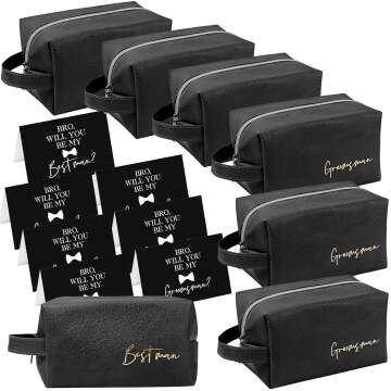 Amylove 7 Sets Groomsmen Gifts Toiletry Bag for Men Wedding Proposal Gift for Best Man PU Leather Cosmetic Bags with Zipper Shaving Bag Bowknot Greeting Card for Wedding Toiletries Accessories (Black)