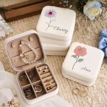 YLumin Personalized Jewelry Box with Name/Birth Flower Month, Custom Jewelry Organizer Box for Women, Custom Jewelry Boxes Birthday Gifts for Women Girl Mom, Personalized Travel Jewelry Case