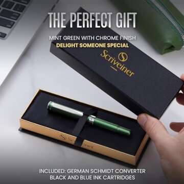 Scriveiner Luxury EDC Fountain Pen (Fine), Stunning Matt Green Pocket Pen, Chrome Finish, Schmidt German Nib, Converter, Best Writing Pen Gift Set for Men & Women, Nice Fancy Office Designer Pen