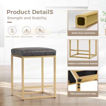 MAISON ARTS Gold Counter Height 24 Inch Bar Stools Set of 4 for Kitchen Counter Modern Barstools Upholstered Faux Leather Square Stools Backless Farmhouse Island Chairs, Support 330 LBS, Grey+Gold