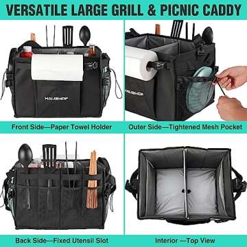 HAUSHOF Large Grill and Picnic Caddy with Paper Towel Holder, Condiment Pocket, Foldable BBQ Organizer Easy Carry Griddle Caddy for Camping, RV, Outdoor Waterproof Oxford Cloth (Black)