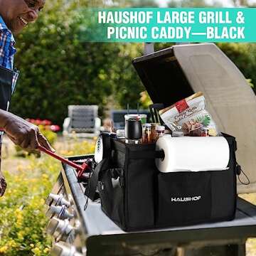 HAUSHOF Large Grill and Picnic Caddy with Paper Towel Holder, Condiment Pocket, Foldable BBQ Organizer Easy Carry Griddle Caddy for Camping, RV, Outdoor Waterproof Oxford Cloth (Black)