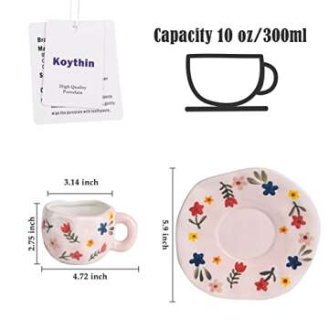 Koythin Ceramic Coffee Mug, Cute Pink Cup for Women with Saucer for Office and Home, Dishwasher and Microwave Safe, 10 oz/300 ml for Latte Tea Milk (Floral)